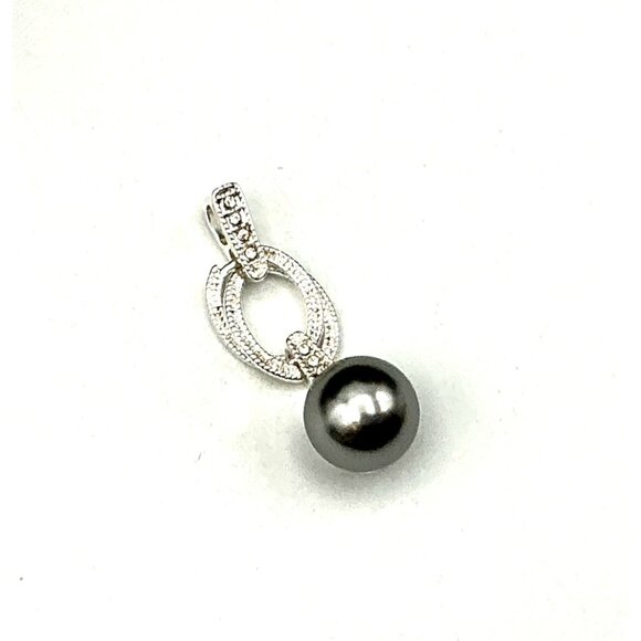 Grey Faux Pearl and CZ  Silver Tone Pendant by NVIC - Picture 2 of 4